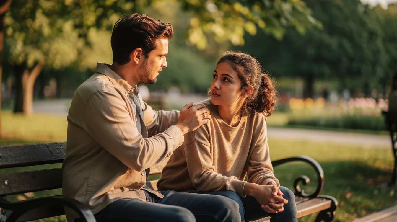 How to Come Out: Practical Tips and Advice for Sharing Your Identity 4 - Consent Culture Two friends sit closely on a park bench, engaged in a gentle conversation, with one person's hand resting supportively on the other's shoulder. This moment reflects the importance of having a strong support system during times of self-discovery related to gender identity and sexual orientation.