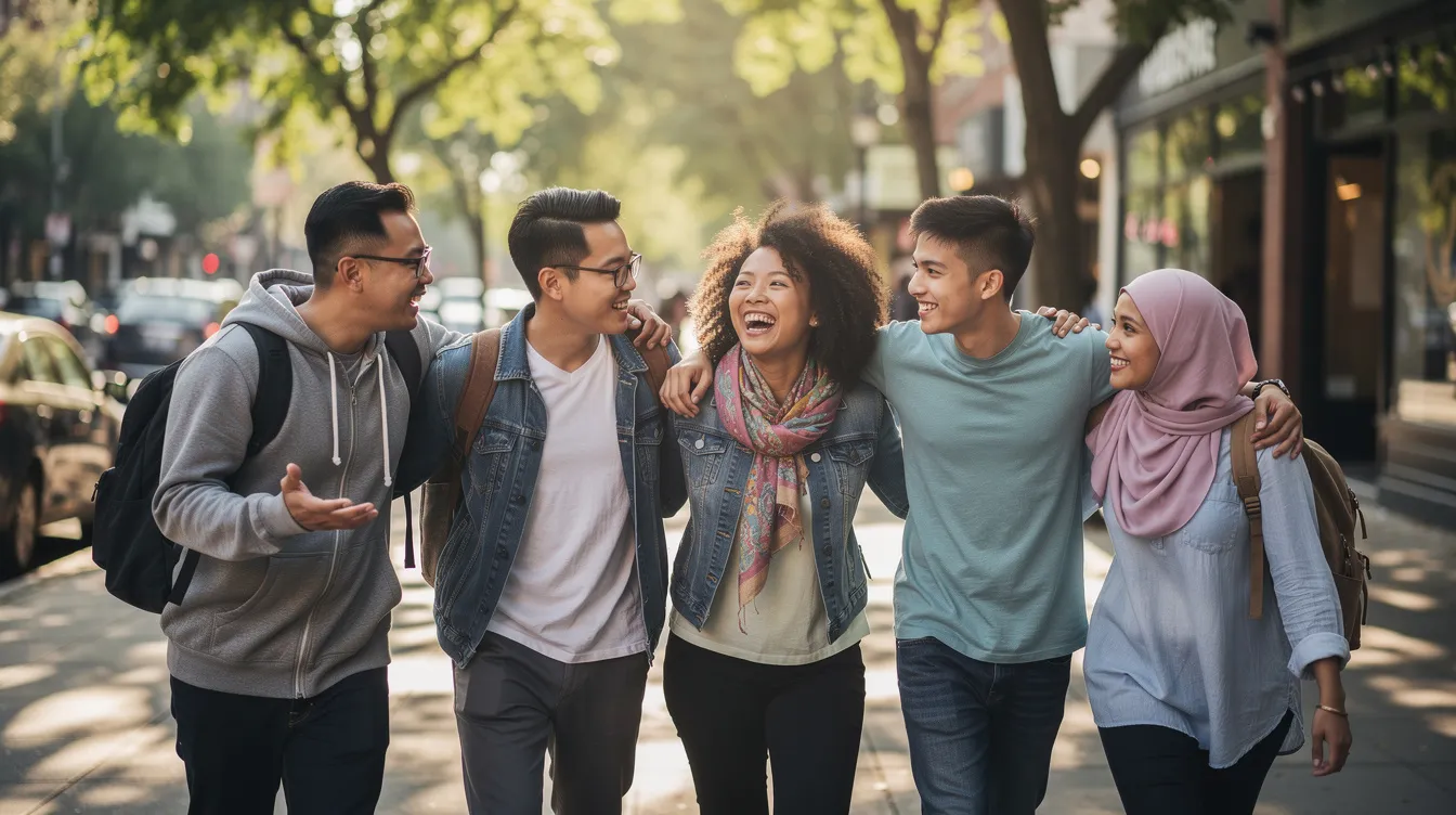How to Come Out: Practical Tips and Advice for Sharing Your Identity 5 - Consent Culture A diverse group of young people walks together down a tree-lined sidewalk, sharing laughter and displaying a strong support system for each other as they embrace their own identities. This scene captures the essence of community and acceptance, highlighting the importance of feeling proud and confident in one's gender identity and sexual orientation.