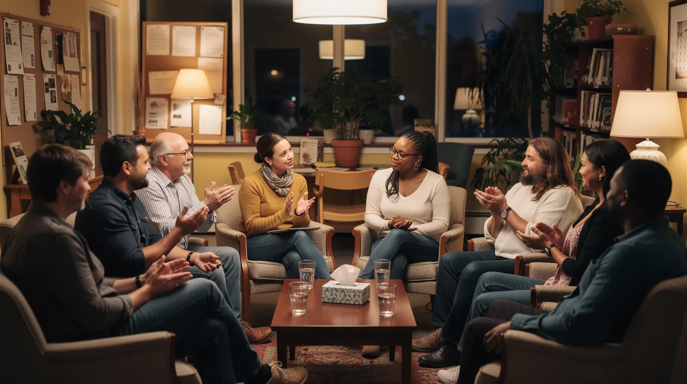 A diverse group of individuals sits in a circle within a warm, well-lit community room, engaging in a supportive conversation that fosters a sense of belonging and understanding. This inclusive space serves as a safe environment for LGBTQ youth to connect, share their experiences, and access vital support resources for mental health and personal identity.