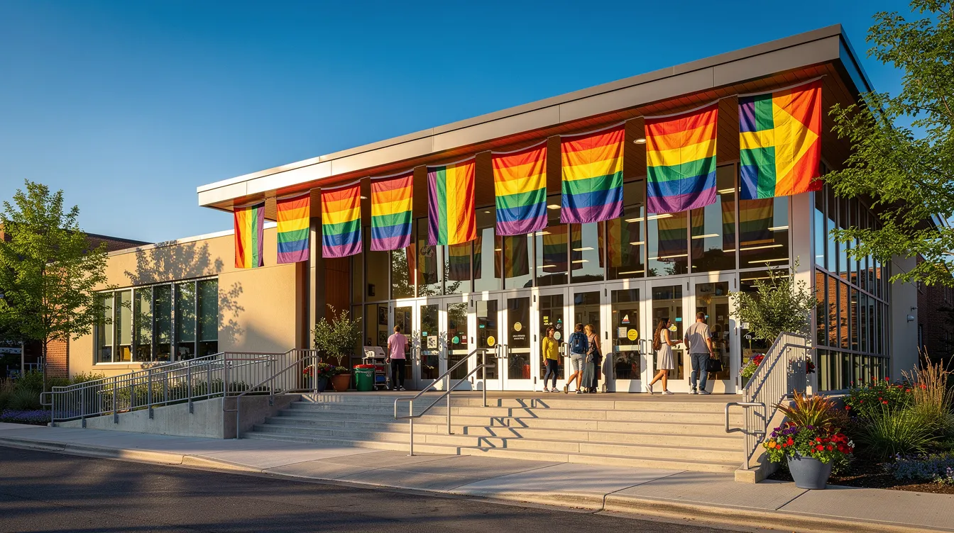 Finding LGBTQIA+ Support Groups: Where to Start and How to Choose 3 - Consent Culture The image shows a vibrant community center building adorned with rainbow flags, symbolizing a safe and inclusive space for LGBTQ youth. The welcoming entrance invites individuals seeking mental health support, peer support groups, and resources for navigating unique challenges related to gender identity and self-esteem.