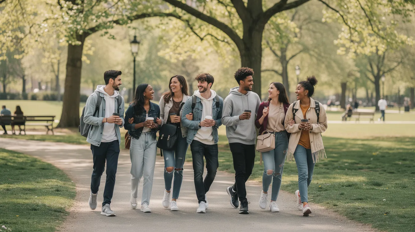 Finding LGBTQIA+ Support Groups: Where to Start and How to Choose 4 - Consent Culture A group of young people is walking together in a park, sharing laughter and engaging in conversation, creating a safe and inclusive space for each other. This relaxed environment fosters connections among LGBTQ youth, promoting mental health and peer support.