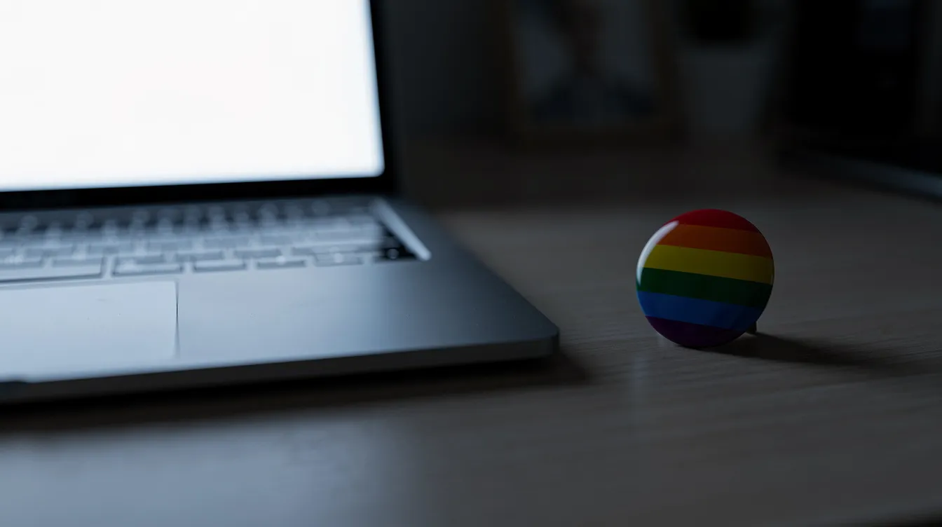 Mental Health Resources for LGBTQIA Individuals: Where to Find Support and How to Use It 3 - Consent Culture The image shows a softly glowing laptop screen on a desk, accompanied by a small rainbow pin, symbolizing support for the LGBTQ community and highlighting the importance of mental health resources for individuals navigating their gender identity and sexual orientation. This serene setup suggests a space for reflection and connection, emphasizing the need for mental health support and advocacy.