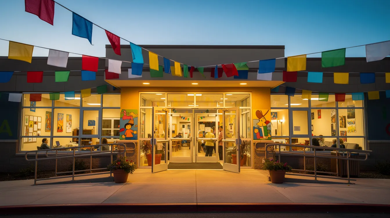 Mental Health Resources for LGBTQIA Individuals: Where to Find Support and How to Use It 4 - Consent Culture The image shows a brightly lit entrance to a community center adorned with colorful flags, symbolizing inclusivity and support for the LGBTQ community. Open doors invite individuals to access vital mental health resources and support services, fostering a welcoming environment for all.
