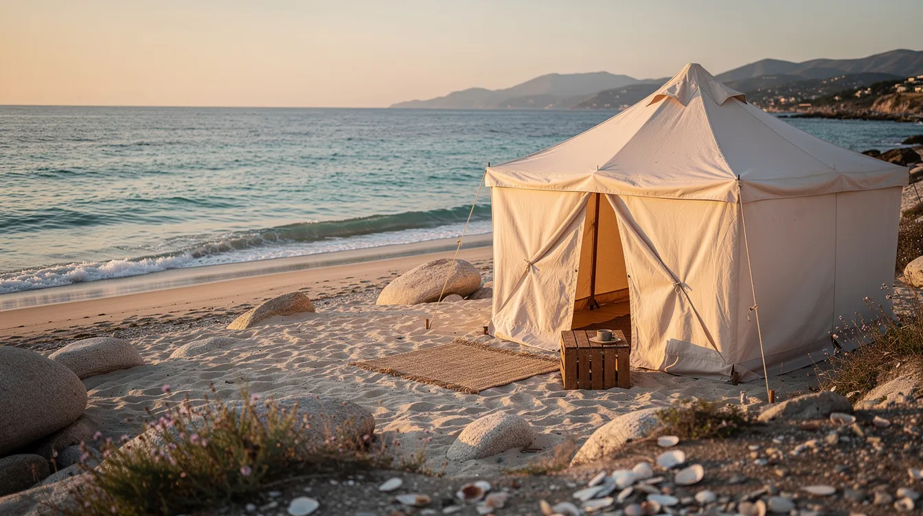 The image depicts a serene Mediterranean beach during golden hour, featuring a single canvas tent with warm light filtering through its fabric, while gentle waves lap at the shore. This tranquil scene invites the viewer to explore the fantasies and desires often found in erotic short stories, evoking a sense of pleasure and anticipation in this idyllic setting.