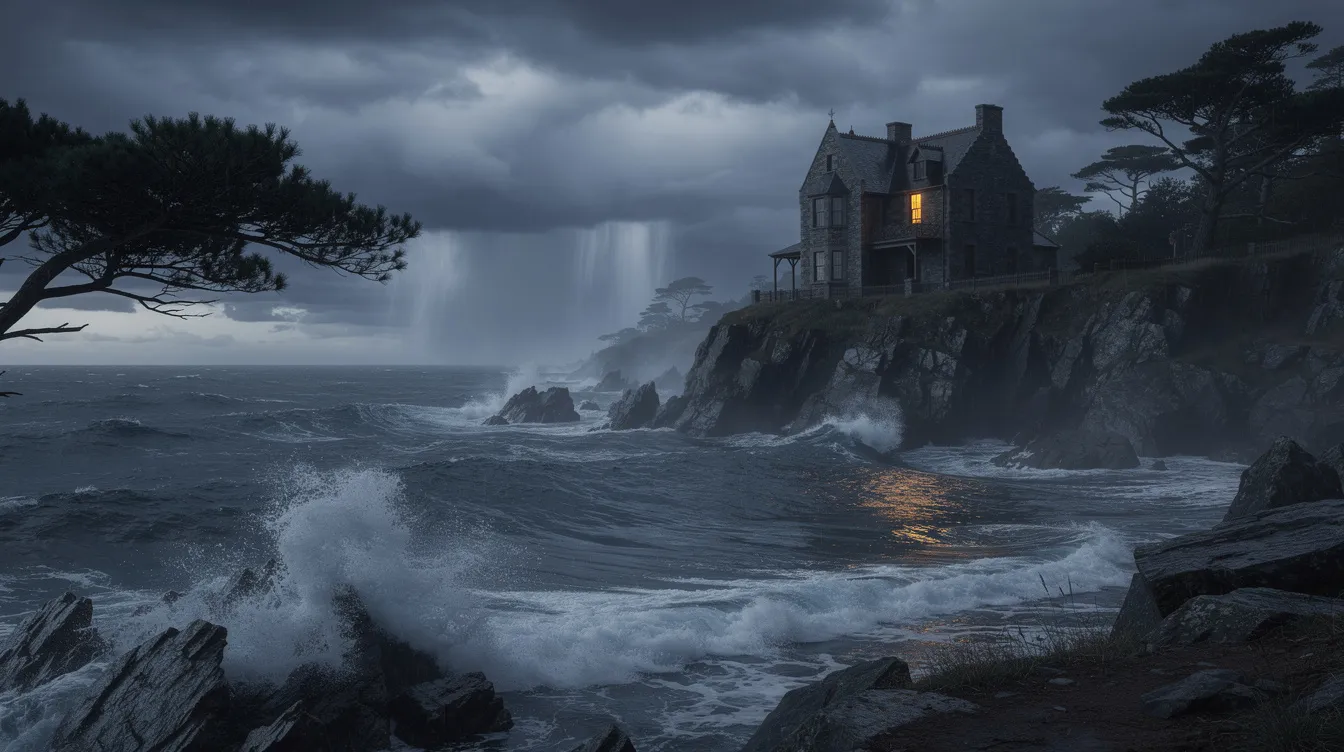 Exploring Erotic Short Stories: Desire, Fantasy, and the Power of Intimate Narratives 3 - Consent Culture A moody coastal estate stands at dusk, with storm clouds looming over dark waters, while a single lit window hints at life inside, evoking a sense of desire and anticipation. The scene captures the essence of stories exploring the depths of human emotion and the erotic tension that often accompanies such moments.