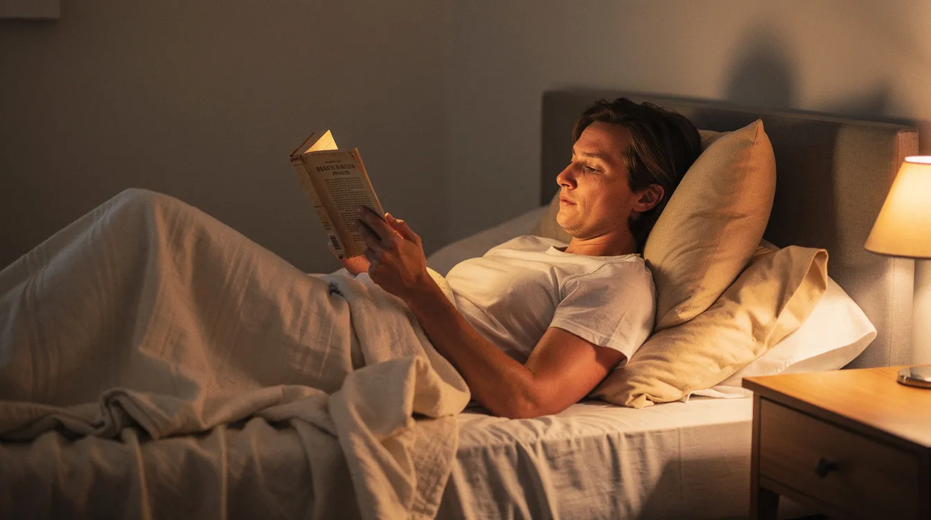 Top Erotic Short Stories to Read When You Only Have a Hot Minute 2 - Consent Culture A person is comfortably lounging in bed, reading a paperback book illuminated by the warm glow of an amber lamp, surrounded by rumpled sheets. The scene evokes a sense of intimacy and relaxation, perfect for diving into the best erotic short stories or exploring the world of erotic romance.