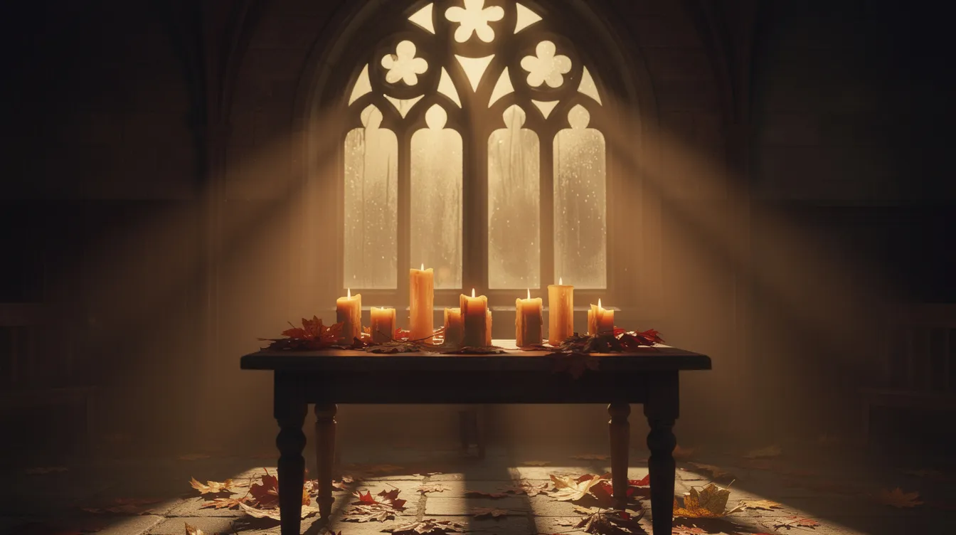 Top Erotic Short Stories to Read When You Only Have a Hot Minute 3 - Consent Culture The image depicts a moody autumn scene featuring flickering candles casting a warm golden light through a gothic-style window, creating an inviting atmosphere perfect for reading erotic short stories. The ambiance evokes a sense of desire and romance, ideal for indulging in the best women's erotica.