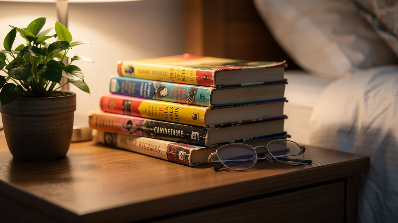 Top Erotic Short Stories to Read When You Only Have a Hot Minute 4 - Consent Culture A colorful stack of paperback books, including titles of erotic short stories and romance novels, sits on a nightstand beside a small green plant and a pair of reading glasses, creating a cozy reading nook perfect for indulging in steamy tales.