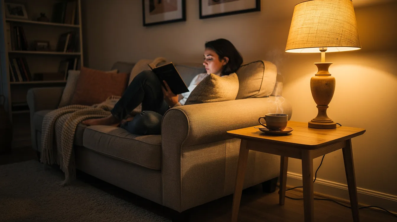 The Best Erotic Novels To Add To Your Reading List 2 - Consent Culture A young woman is curled up on a cozy sofa, absorbed in a book illuminated by warm lamp light, while a steaming cup of tea sits on the side table, creating a perfect setting for enjoying steamy romance novels or the best erotic novels on her reading list. The scene evokes a sense of comfort and intrigue, ideal for exploring stories filled with love and passion.