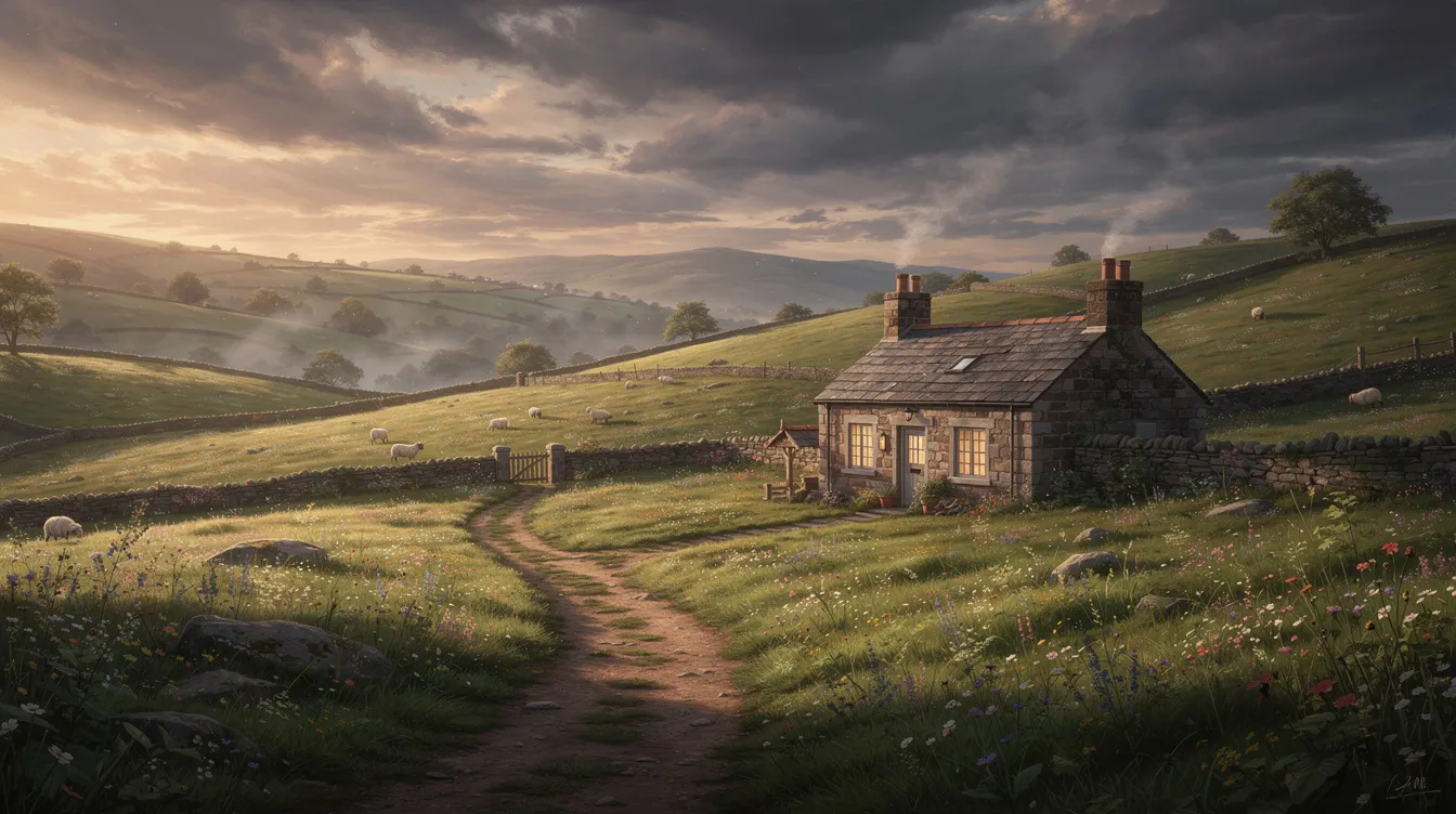 The Best Erotic Novels To Add To Your Reading List 3 - Consent Culture The image depicts a romantic countryside landscape featuring rolling green hills and a charming stone cottage under a moody sky, evoking a historical setting perfect for a love story or an erotic romance novel. This picturesque scene invites thoughts of summer reading lists filled with best erotic novels and sexy romance stories.
