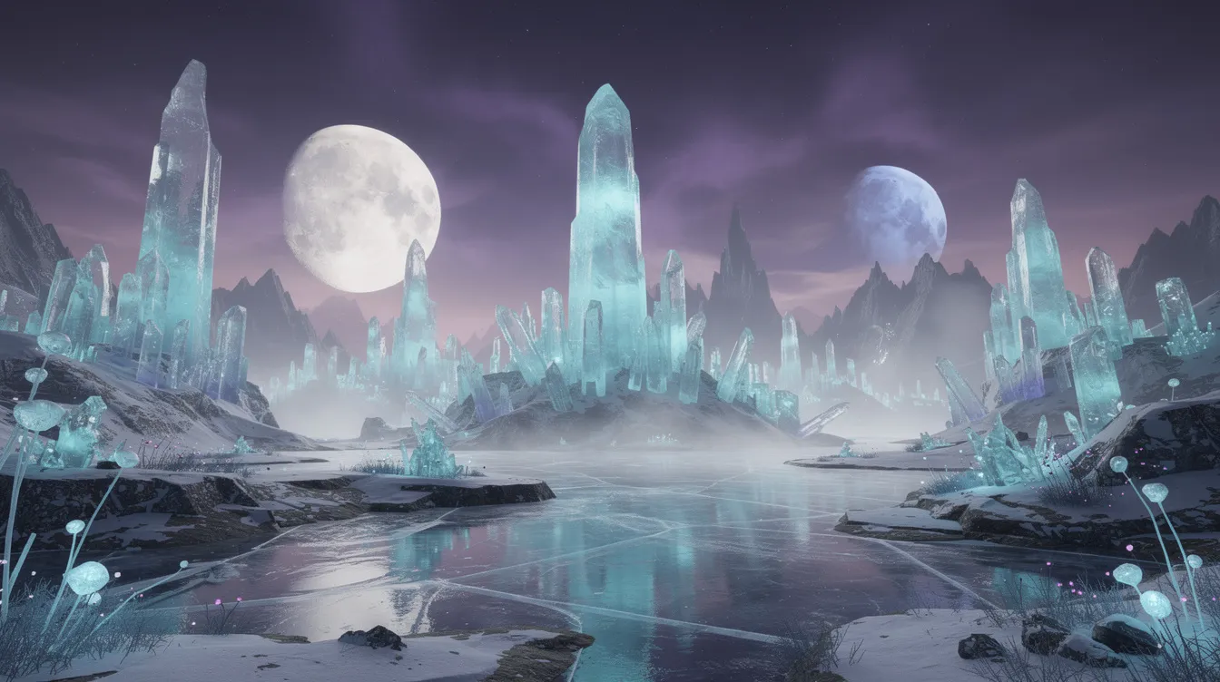 The Best Erotic Novels To Add To Your Reading List 4 - Consent Culture The image depicts a surreal alien landscape featuring glowing ice formations set against a vibrant purple sky with two moons. This fantastical scene evokes a sense of wonder, reminiscent of the imaginative worlds often found in erotic literature and fairy tales.