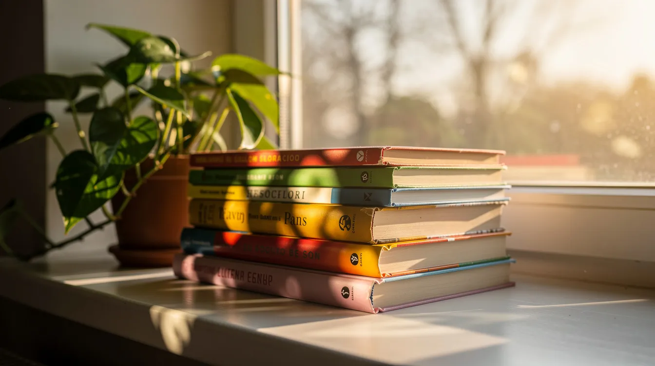 The Best Erotic Novels To Add To Your Reading List 5 - Consent Culture A vibrant stack of colorful paperback books sits on a sunlit windowsill, accompanied by a lush green plant nearby, creating a cozy reading nook perfect for diving into the best erotic novels or sexy romance stories. The warm sunlight highlights the inviting spines of these books, suggesting a delightful summer reading list filled with love stories and steamy scenes.
