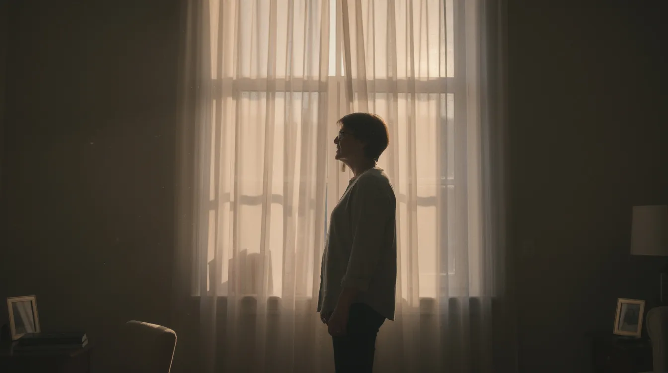 A softly lit figure stands near a window draped in sheer curtains, with warm natural light filtering through and casting gentle shadows across the room, creating an intimate atmosphere reminiscent of stunning boudoir photography. The scene captures the beauty and sensuality of the subject, highlighting flattering poses that evoke a sense of comfort and elegance.