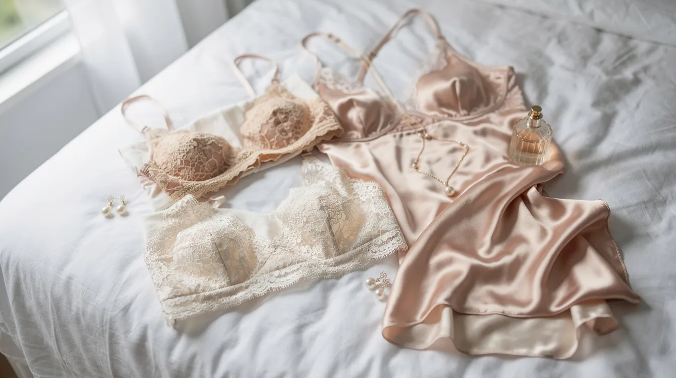 Erotic Photography: An Introduction 3 - Consent Culture The image features an elegant arrangement of silk fabric and lace lingerie, complemented by delicate accessories, all beautifully laid across soft white bedsheets illuminated by gentle ambient light. This scene captures the essence of boudoir photography, evoking intimacy and sensuality in a serene setting.