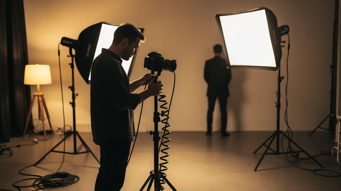 Erotic Photography: An Introduction 4 - Consent Culture A photographer is seen adjusting studio lighting equipment, including a softbox, in a warmly lit room, while a silhouetted figure stands in the background, hinting at an upcoming boudoir photography shoot. The scene captures the intimate atmosphere of preparing for a session focused on flattering poses and sensuality.
