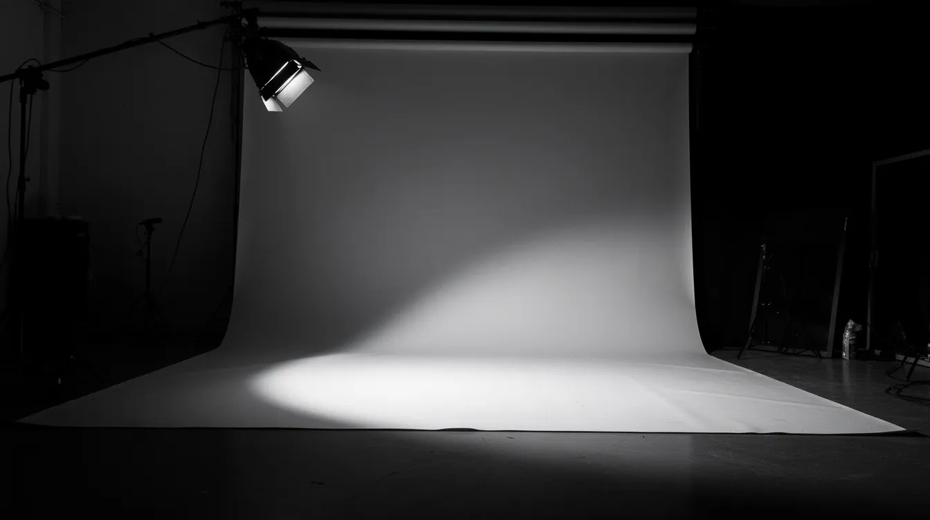 Famous Erotic Photographers And Their Work 3 - Consent Culture A dramatic black and white photograph captures a photography studio illuminated by a single spotlight, casting sharp shadows on a plain backdrop, evoking the essence of fine art photography and the raw beauty of the human form. This intimate setting hints at the world of boudoir and erotic photography, reminiscent of the styles of famous nude photographers.
