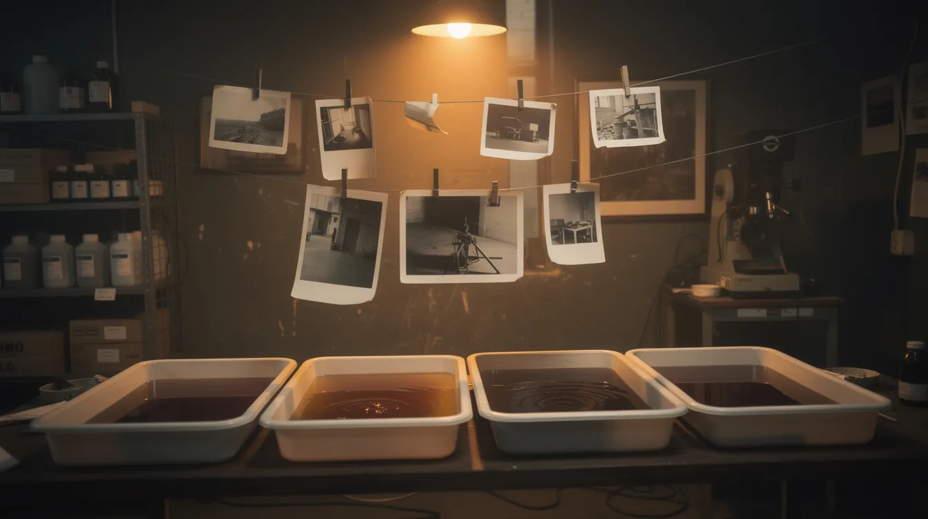 Famous Erotic Photographers And Their Work 4 - Consent Culture The image depicts a vintage darkroom illuminated by an amber safelight, featuring developing trays and photographic prints hanging from clips to dry. This setting evokes a sense of nostalgia, reminiscent of the artistry found in fine art photography and the intimate portraits often captured by famous nude photographers.