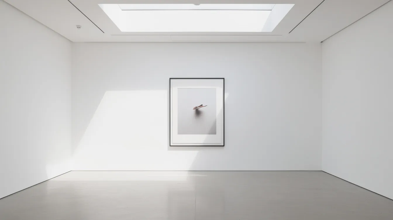 Famous Erotic Photographers And Their Work 6 - Consent Culture The image features a minimalist gallery space with white walls, illuminated by natural light pouring through a skylight. A single large framed photograph, possibly showcasing the female form in a style reminiscent of fine art photography, is prominently displayed, inviting contemplation of its intimate and sensual qualities.