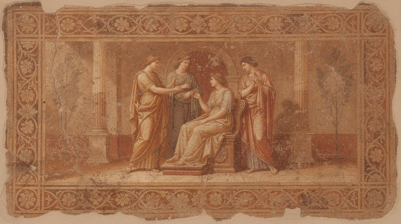 The image depicts a classical ancient fresco-style painting featuring draped figures in a warm terracotta and ochre palette, surrounded by decorative borders. This artwork offers a glimpse into the artistic expressions of human sexuality and the beauty of the human form, reflecting themes prevalent in art history and ancient civilizations.
