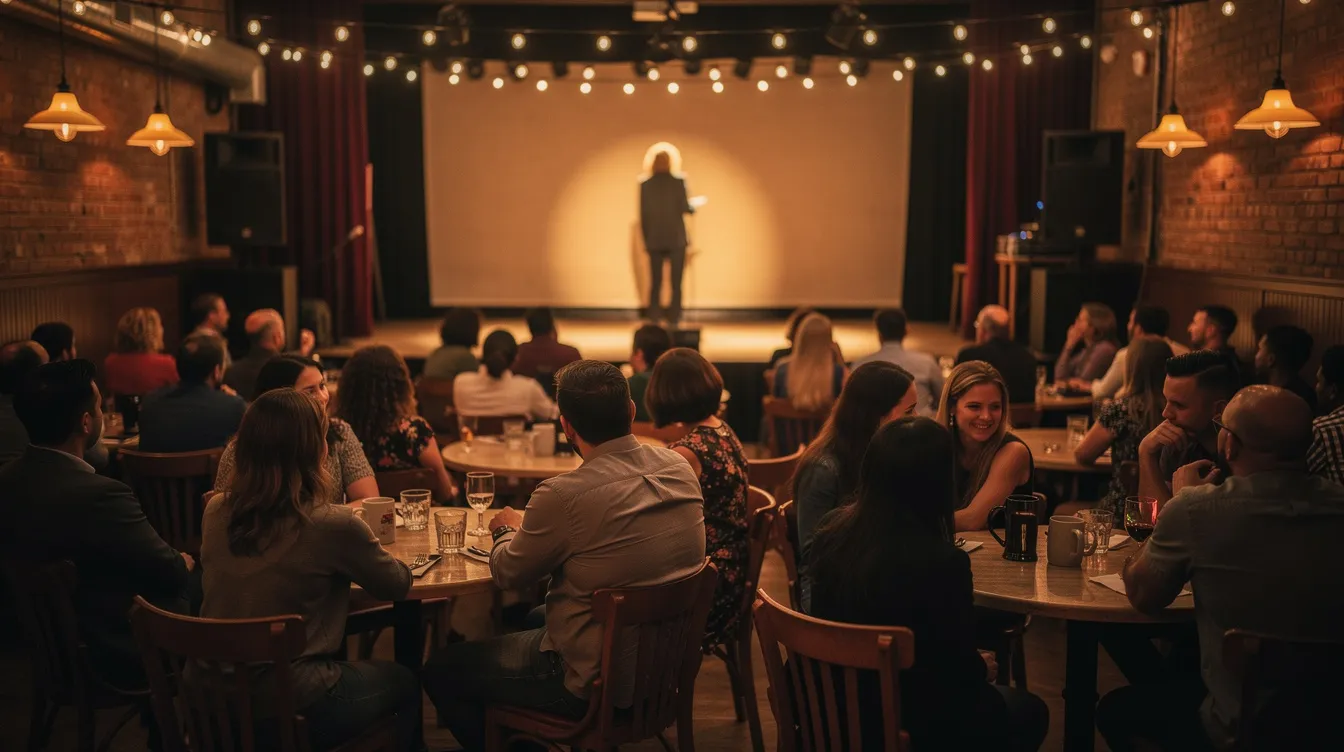 Creating Your Own Erotic Performance Poetry 5 - Consent Culture In a small, warmly lit venue, a diverse audience is seated closely together, captivated by a performer on a low stage delivering a spoken word poetry piece. The atmosphere is charged with energy as the audience members listen intently, appreciating the art form of performance poetry.