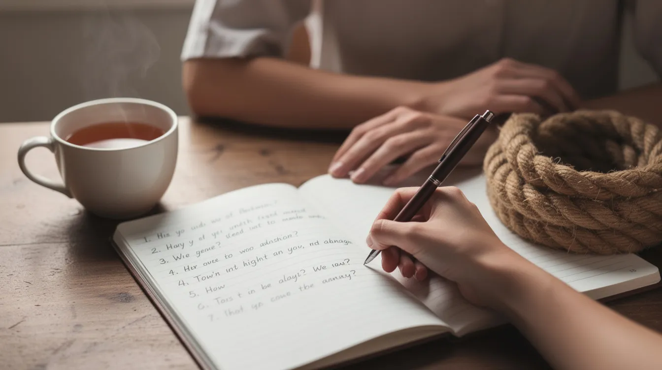 BDSM 101 Introductory Workshops: A Beginner’s Guide to Consent‑Forward Kink Education 3 - Consent Culture A person is writing questions in a notebook about different kinks and BDSM basics, situated next to a cup of tea and a coiled rope on a table, suggesting preparation for a BDSM workshop or class. This scene reflects a curious mind eager to explore the BDSM community and its various pleasures while emphasizing the importance of safety and boundaries.