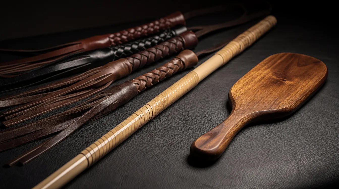 Advanced BDSM Techniques Workshops: Mastering the Art of the Scene 3 - Consent Culture The image features a close-up of leather floggers, a rattan cane, and a wooden paddle artfully arranged on a dark leather surface, highlighting various impact play toys commonly used in BDSM scenes. This setup invites exploration of advanced techniques and skills for those interested in kink and BDSM lifestyle.