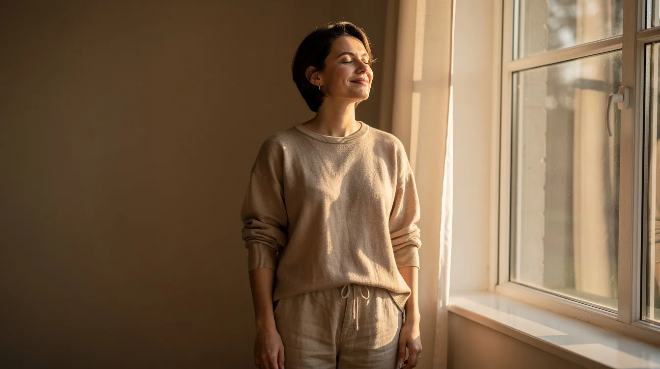 A person stands relaxed near a sunlit window, eyes closed, exuding a sense of peace and self-confidence in their own body. This serene moment reflects a deeper understanding of sexual self-esteem and the importance of feeling at ease in one's own skin.