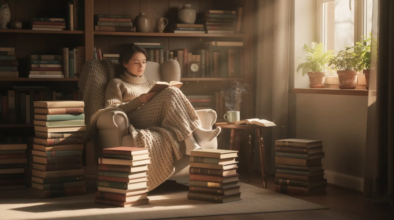 A person is seated comfortably in a cozy reading nook, surrounded by stacks of self-improvement books, as warm natural light filters through a nearby window, creating a serene atmosphere for personal growth and self-discovery. The scene embodies a fulfilling life, inviting the viewer to embark on their own personal development journey.