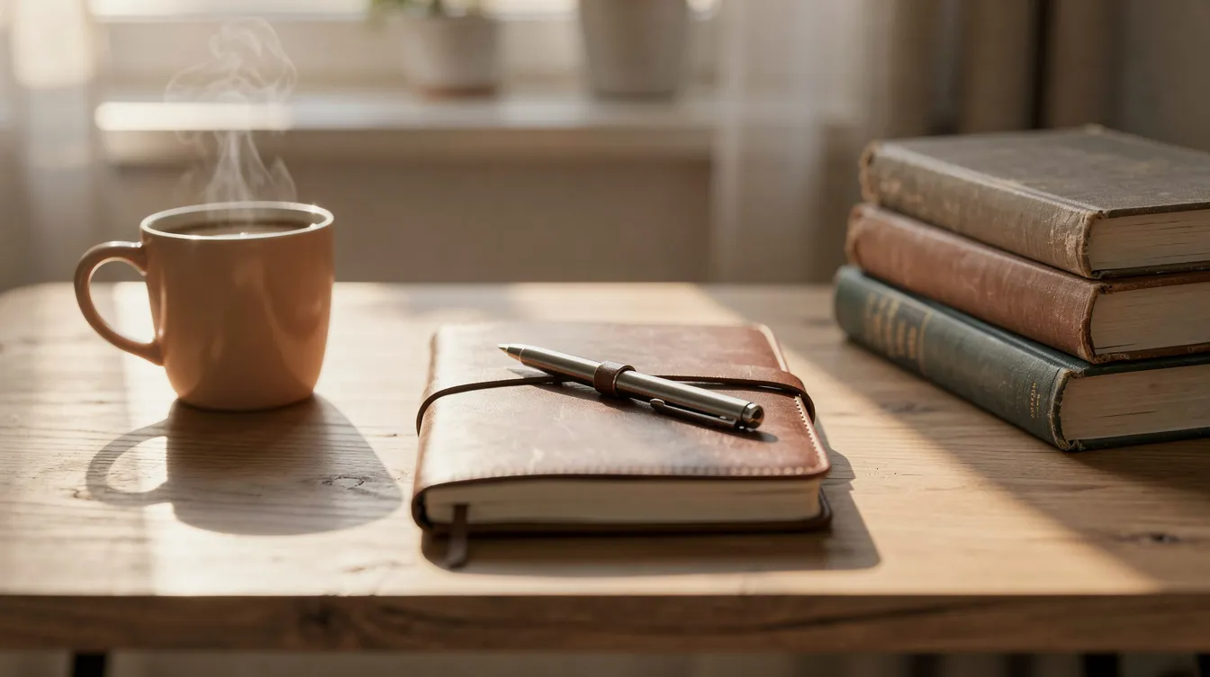 Top Books on Personal Growth and Empowerment in 2024 3 - Consent Culture The image depicts a tidy desk featuring a journal, a pen, and a small stack of self-improvement books, symbolizing a productive morning routine focused on personal growth and self-discovery. This setup encourages a fulfilling life through practical strategies and valuable insights from the best personal development books.