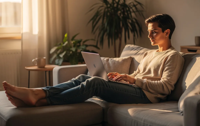 A person sits comfortably on a couch with a laptop open, bathed in warm sunlight streaming through a window, creating a calm and focused atmosphere that promotes personal growth and self-improvement. This setting encourages the pursuit of online courses and personal development skills for a fulfilling life.