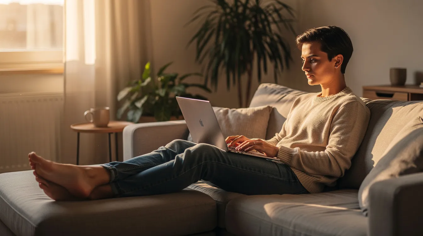 A person sits comfortably on a couch with a laptop open, bathed in warm sunlight streaming through a window, creating a calm and focused atmosphere that promotes personal growth and self-improvement. This setting encourages the pursuit of online courses and personal development skills for a fulfilling life.