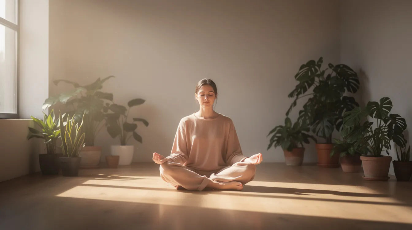 Best Online Courses for Personal Growth: 18 Picks to Fast-Track Your Personal Development 3 - Consent Culture A person sits cross-legged on a wooden floor in a serene room filled with plants, practicing mindfulness and meditation under soft natural lighting, embodying the essence of personal growth and self-awareness. This tranquil scene highlights the importance of mental health and stress management in achieving a fulfilling life.