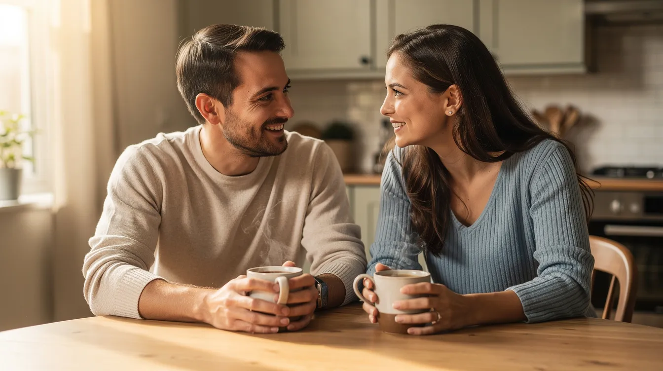Understanding Polyamorous Relationships: A Practical Guide for Non-Monogamous and Monogamous Partners 5 - Consent Culture A couple sits closely at a kitchen table, engaged in a heartfelt conversation over coffee, illustrating the warmth and connection often found in romantic relationships. This scene reflects the dynamics of both monogamous and polyamorous relationships, emphasizing the importance of open communication and emotional intimacy among partners.