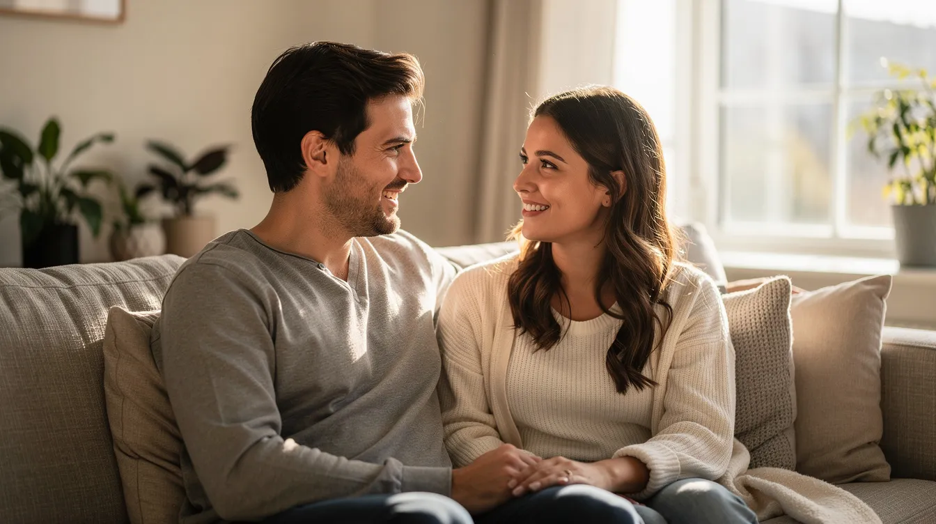 A couple sits closely together on a couch, engaged in a relaxed face-to-face conversation, illuminated by warm natural light. Their positive body language and calm demeanor reflect the importance of effective communication in romantic relationships, fostering a deeper connection and mutual respect.