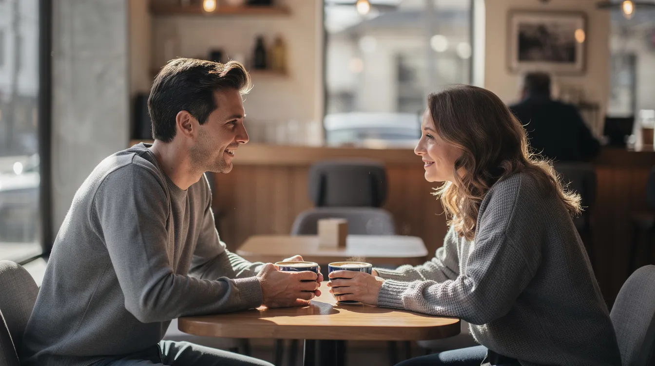 The Importance of Communication in Relationships 3 - Consent Culture Two people are sitting across from each other at a small table, making warm eye contact and engaging in a conversation that reflects their good communication skills. Their positive body language and calm demeanor suggest a healthy relationship built on open and honest communication.