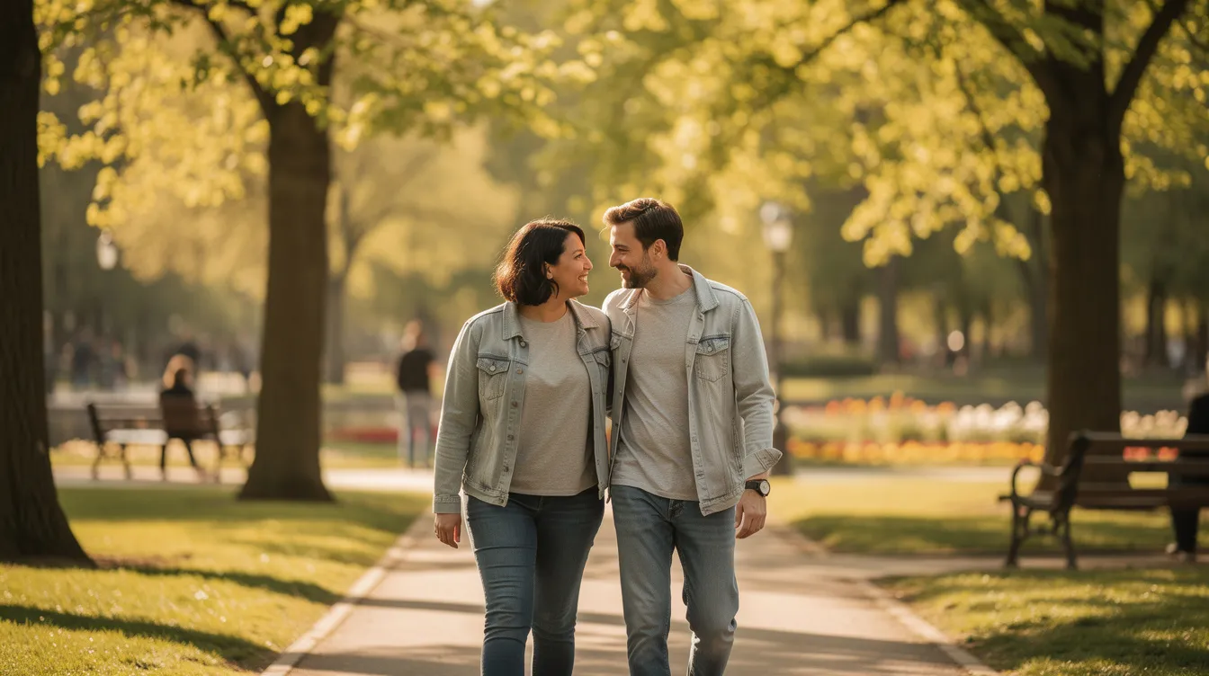 The Importance of Communication in Relationships 5 - Consent Culture Two people walk closely together in a park, exuding a calm and relaxed demeanor, showcasing positive body language that reflects their deep connection. This scene emphasizes the importance of effective communication in romantic relationships, highlighting how open and frequent communication can foster a satisfying relationship.