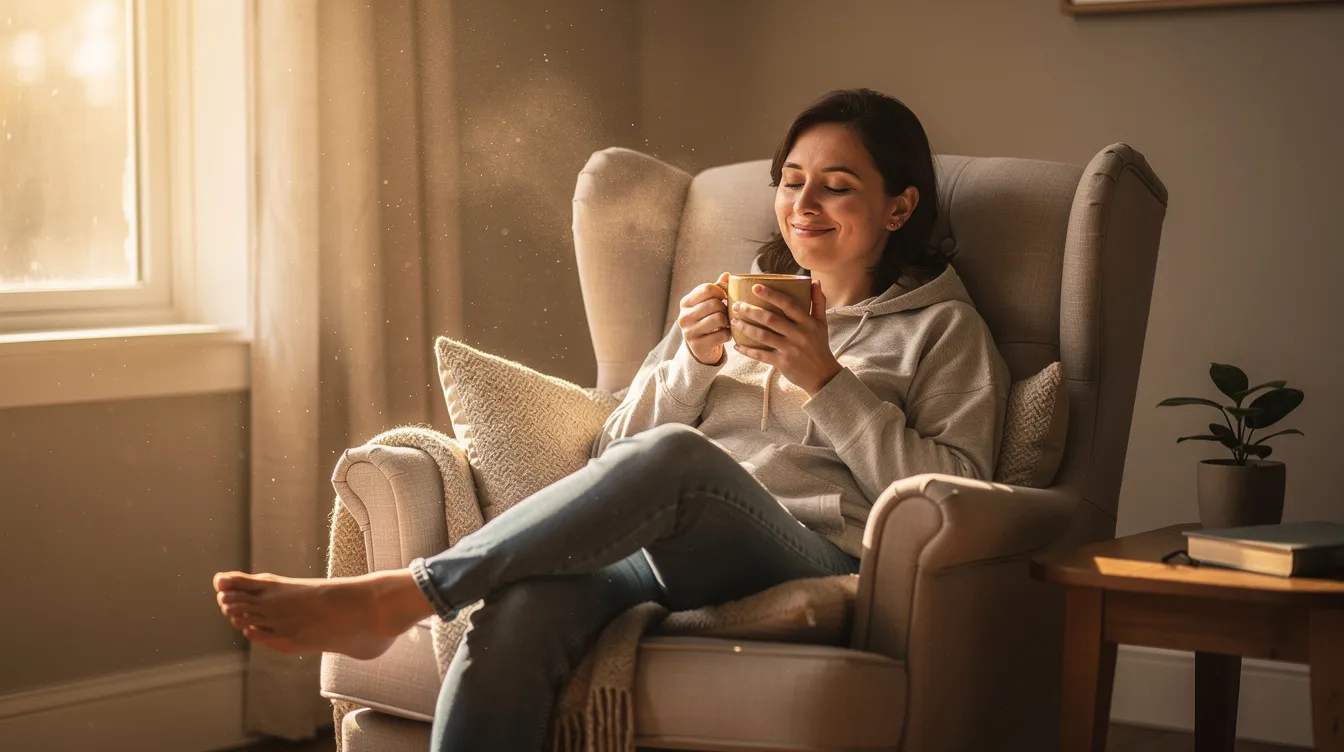 Establishing Boundaries in Relationships: A Practical Guide to Healthy Connections 2 - Consent Culture A person sits peacefully in a sunlit room, holding a cup of coffee, exuding a sense of relaxation and contentment. This serene moment reflects the importance of maintaining healthy boundaries in personal life for overall emotional well-being.