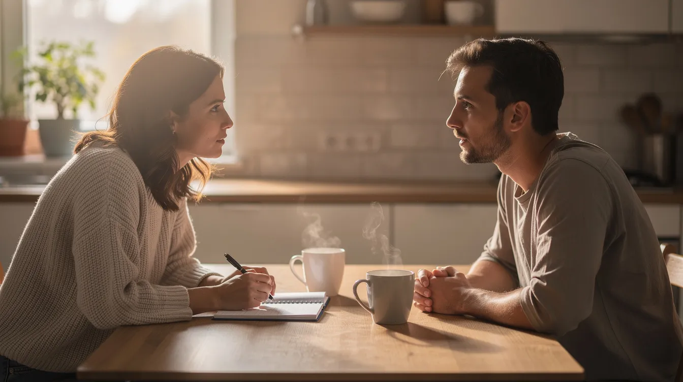 Establishing Boundaries in Relationships: A Practical Guide to Healthy Connections 3 - Consent Culture Two individuals engage in a calm and focused conversation at a kitchen table, demonstrating mutual respect and the importance of setting healthy boundaries in their relationship. Their body language reflects comfort and openness, essential for maintaining emotional health and establishing boundaries in relationships.