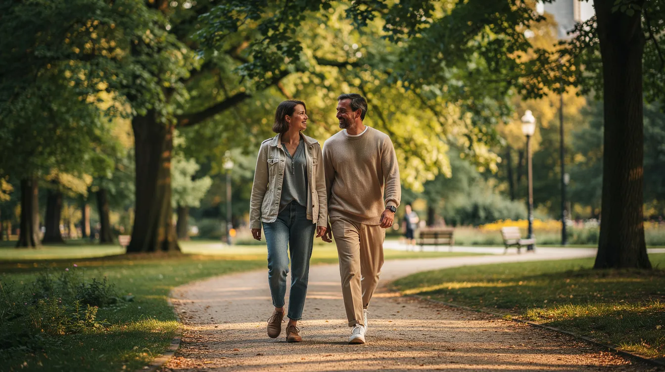 Establishing Boundaries in Relationships: A Practical Guide to Healthy Connections 5 - Consent Culture Two people are walking side by side in a park, surrounded by lush trees, as they engage in a relaxed conversation about maintaining healthy boundaries in their relationships. The scene conveys a sense of comfort and mutual respect, highlighting the importance of emotional health and personal space in fostering healthy connections.