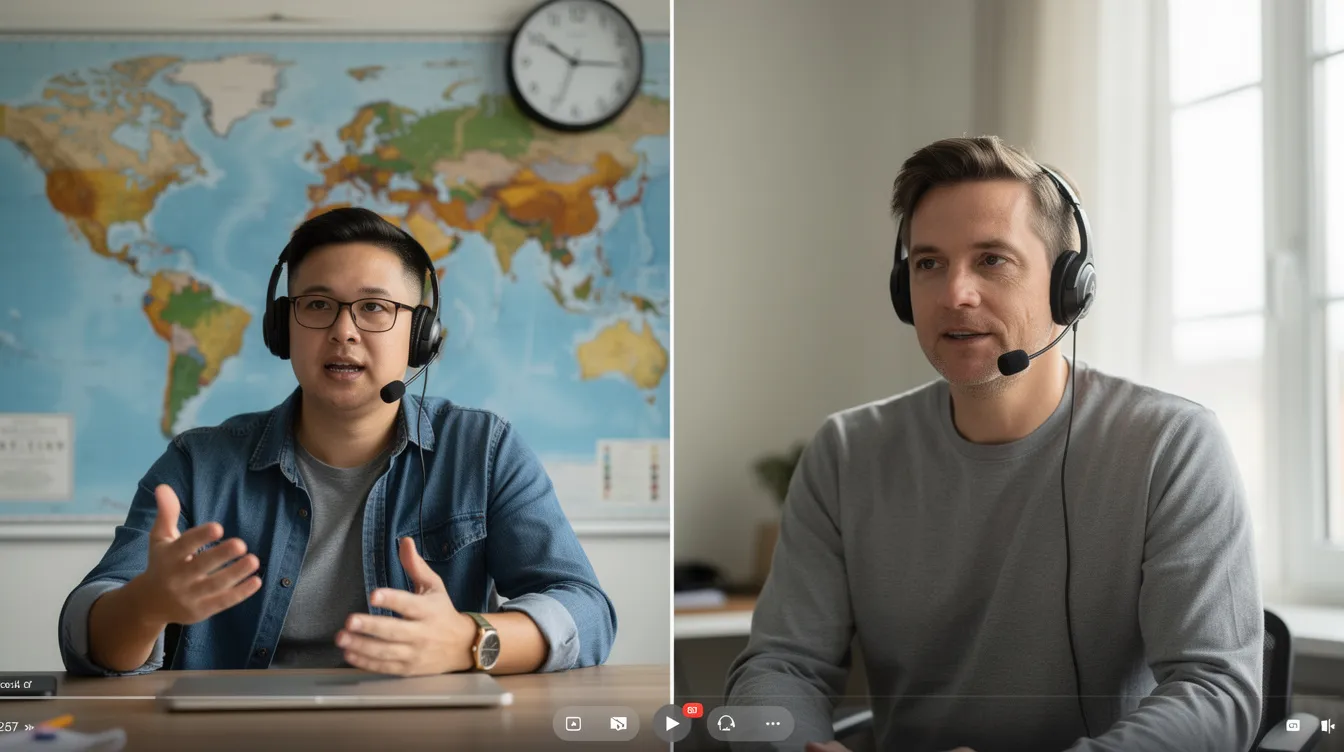 Techniques for Effective Conflict Resolution in the Workplace 4 - Consent Culture The image shows two people engaged in a video call, with one person gesturing animatedly while speaking, and a world map and clock in the background. This scene reflects effective communication and conflict resolution strategies, highlighting the importance of open dialogue in resolving workplace conflicts.