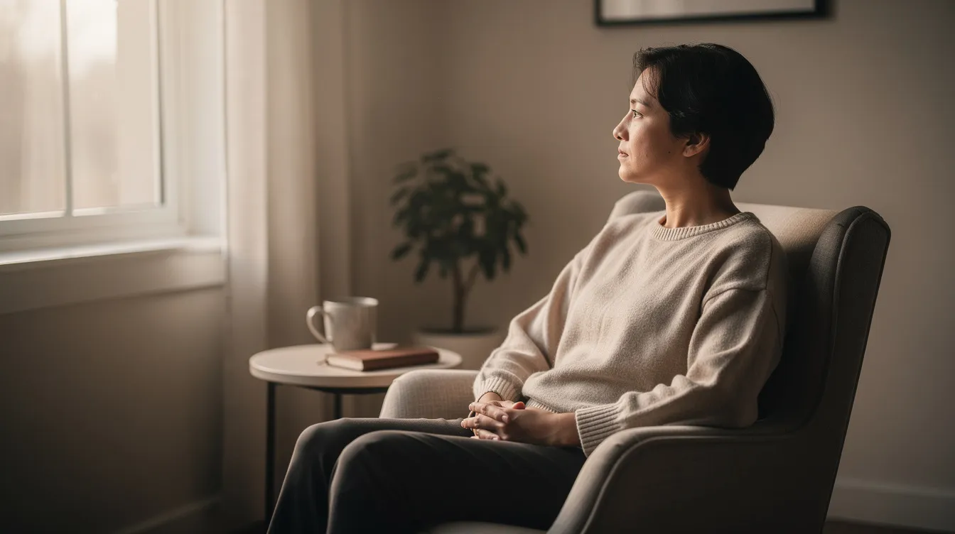 A person sits peacefully by a window, bathed in soft natural light, reflecting quietly on their thoughts. This serene moment highlights the importance of mental health and well-being, offering a glimpse into the connection between mental and sexual health.