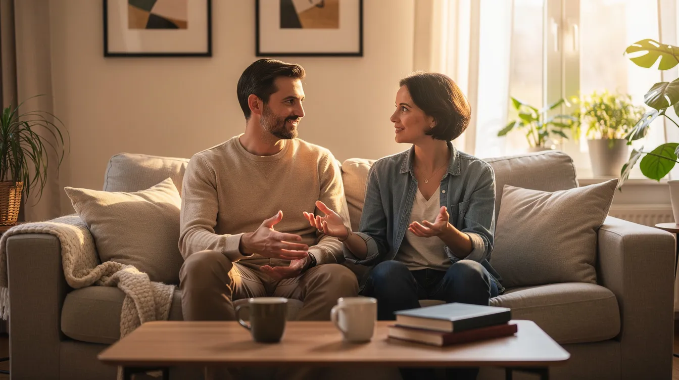 Mental Health and Sexual Wellness: Understanding the Two-Way Connection 3 - Consent Culture The image depicts two individuals seated closely on a couch, engaged in a calm and open conversation, promoting emotional intimacy and mental well-being in a cozy living room setting. This scene highlights the importance of healthy relationships and communication in addressing mental health and sexual wellness.