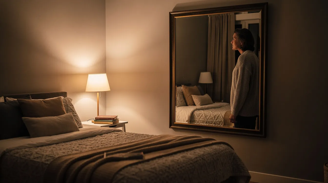 Mental Health and Sexual Wellness: Understanding the Two-Way Connection 5 - Consent Culture A person stands in front of a mirror, gazing thoughtfully at their reflection in a softly lit, cozy bedroom. This moment captures the intersection of self-reflection and mental health, highlighting the importance of body image and self-esteem in one's overall well-being.