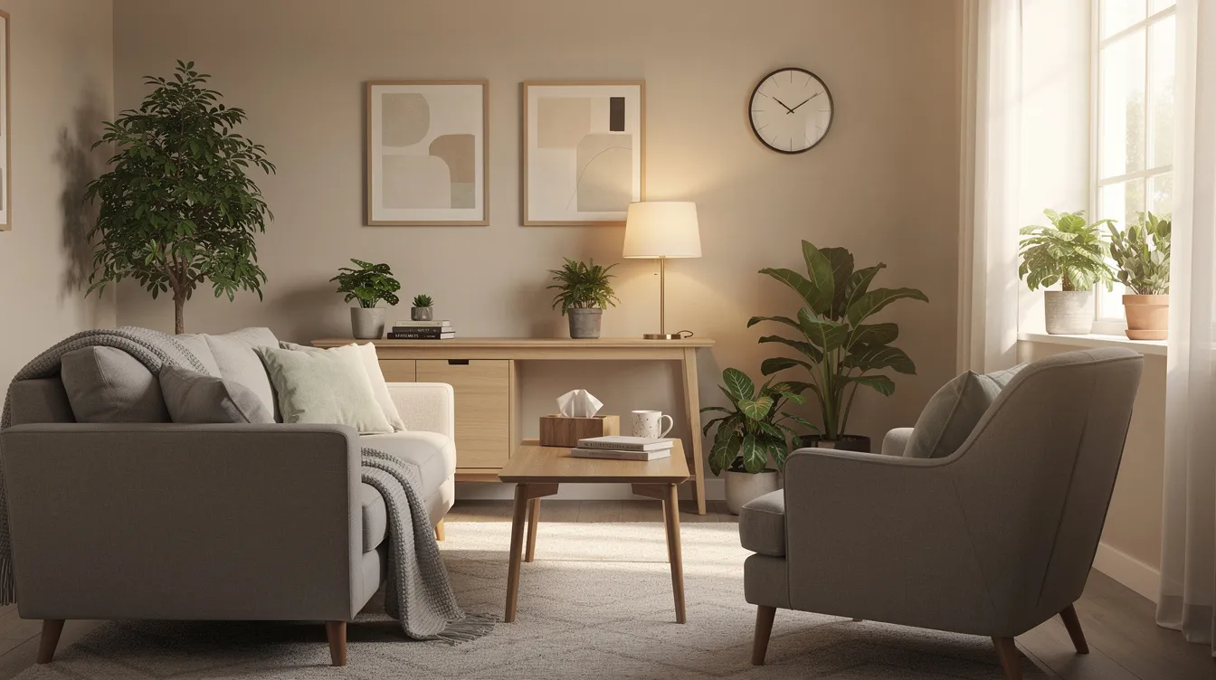 Mental Health and Sexual Wellness: Understanding the Two-Way Connection 6 - Consent Culture The image depicts a cozy therapist's office, featuring comfortable seating, lush plants, and soft natural light, creating an inviting atmosphere for discussions about mental health and sexual wellness. This serene environment is designed to foster emotional intimacy and support individuals dealing with mental health concerns and sexual health issues.