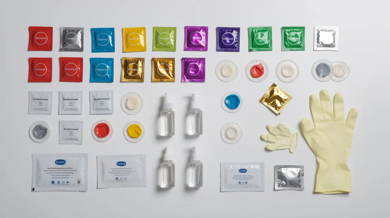 The image displays a variety of colorful condoms and safer sex supplies, including dental dams and lubricants, neatly arranged on a clean surface, emphasizing the importance of practicing safe sex and promoting sexual health. These supplies are essential for preventing sexually transmitted infections and ensuring safe sexual activities with partners.