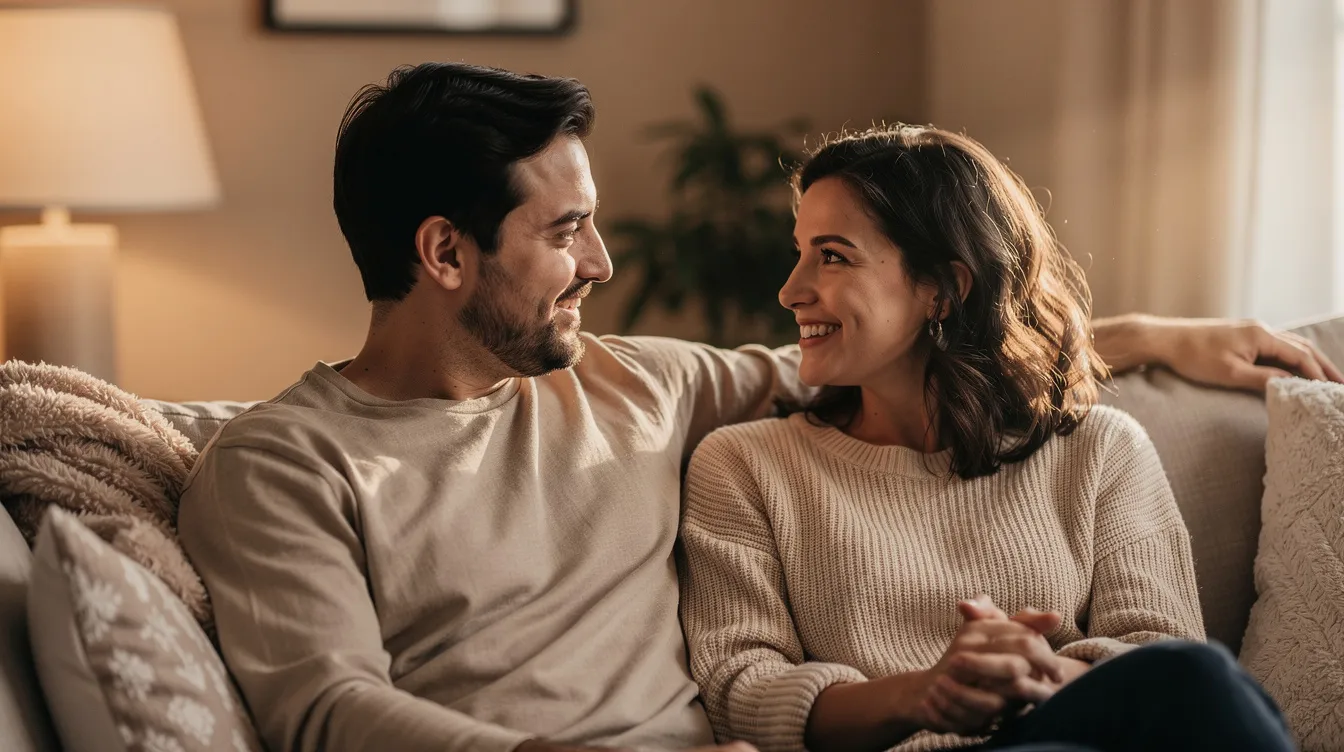 Practicing Safe Sex Techniques: A Complete Guide to Protection and Pleasure 3 - Consent Culture The image shows two individuals sitting closely on a couch, engaged in a warm and relaxed conversation, highlighting their comfort and connection. This intimate setting reflects the importance of open communication about sexual health and safe sex practices among sexual partners.