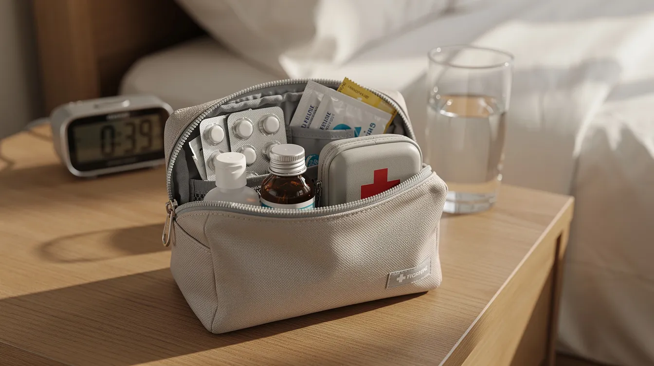 Practicing Safe Sex Techniques: A Complete Guide to Protection and Pleasure 4 - Consent Culture The image features a small zippered travel pouch filled with various health and wellness supplies, including condoms and dental dams, placed on a bedside table. This setup emphasizes the importance of practicing safe sex and maintaining sexual health for active individuals.