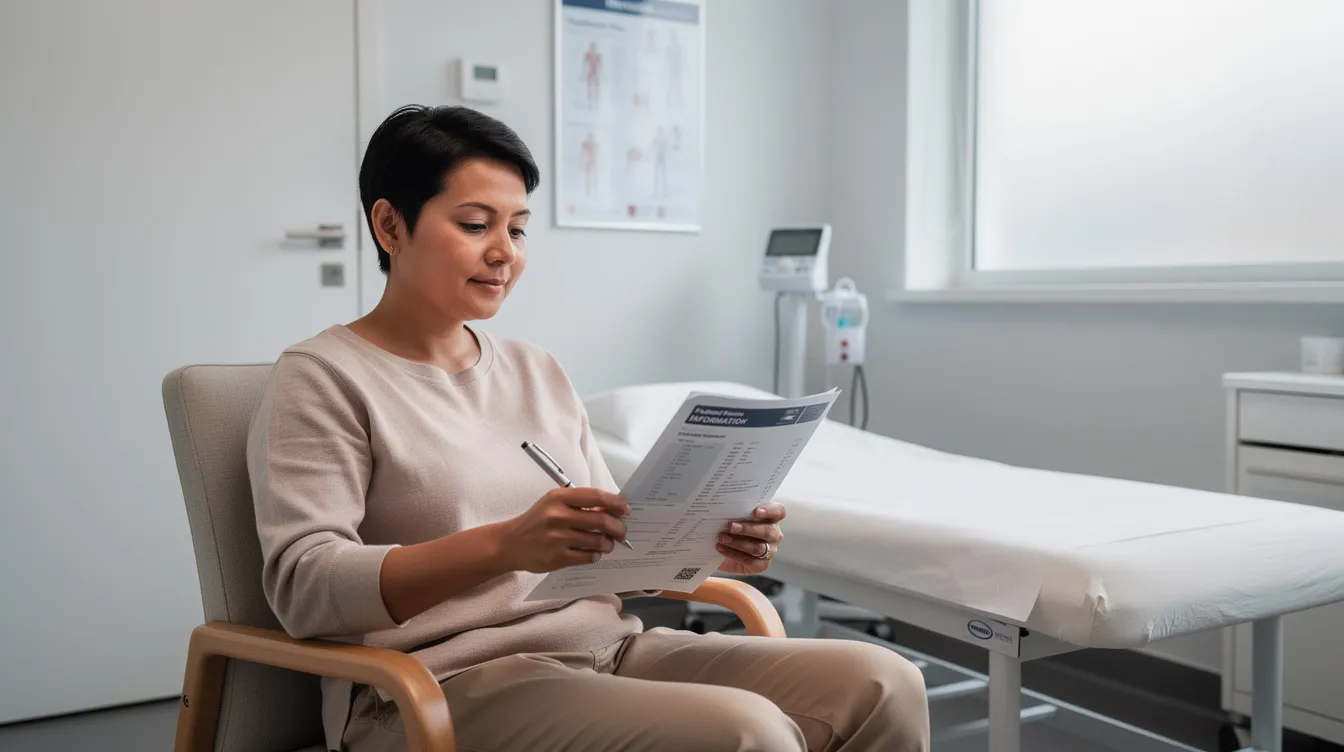 Managing STIs: A Comprehensive Guide 3 - Consent Culture The image depicts a person sitting in a private clinic room, calmly reviewing medical paperwork related to sexually transmitted infections and health care services. The setting suggests a focus on clinical guidance and effective treatment options for patients, particularly for sexually active individuals.