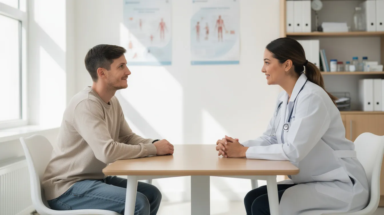 The image depicts a patient and a doctor sitting across from each other in a bright, modern clinic, engaging in a calm conversation about the patient's health and proposed medical procedures, emphasizing the importance of the informed consent process. This interaction highlights the ethical medical practice of ensuring that patients fully understand the potential risks and benefits before making informed decisions about their treatment.