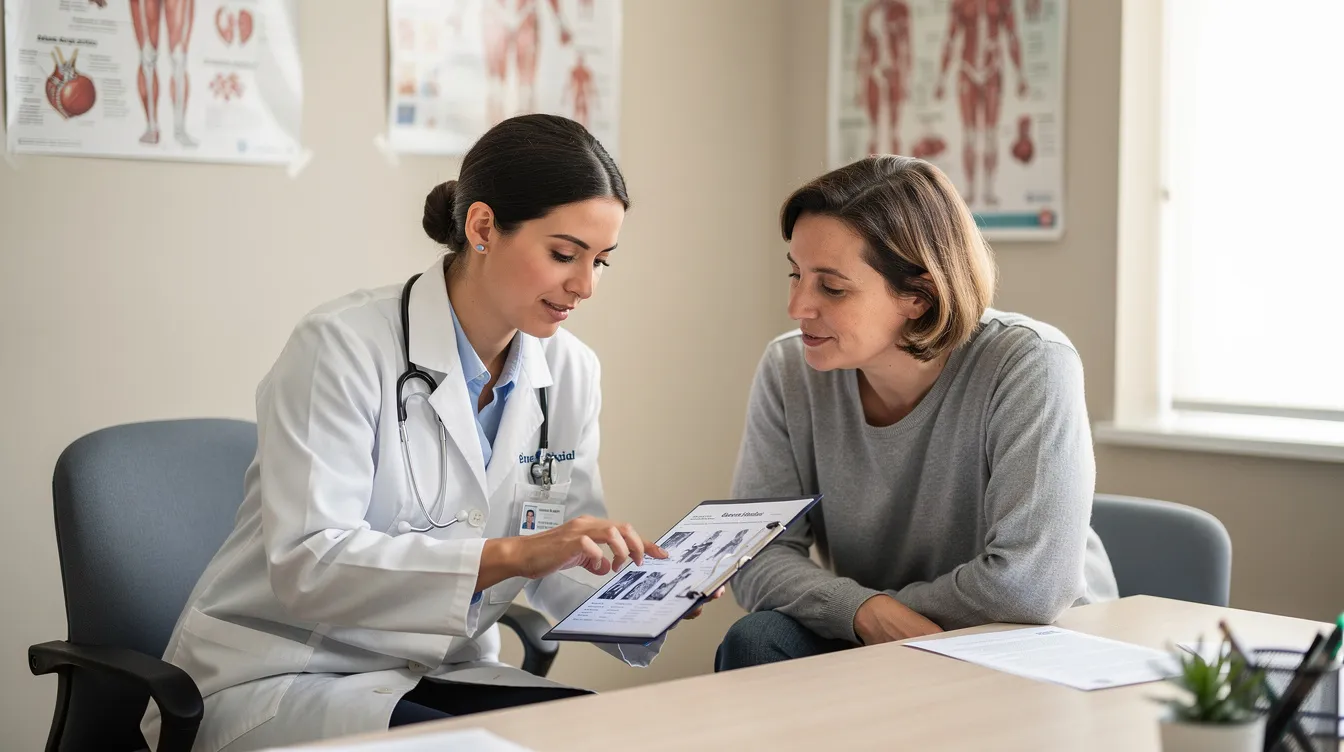 Navigating Legal Issues Around Consent: A Practical Guide for Patients and Professionals 3 - Consent Culture A healthcare professional is calmly explaining a chart to a patient in a consultation room adorned with medical posters. This scene emphasizes the importance of informed consent and patient autonomy in the healthcare process, ensuring the patient understands the proposed medical procedures and their potential risks.